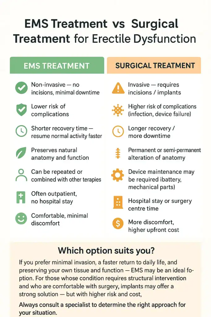 A table showing the benefits of EMS chair for erectile dysfunction treatment Sunderland compared to surgery.