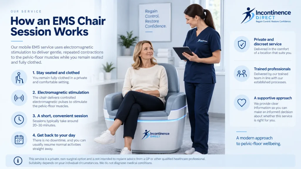how ems chair session works at incontinence direct Sunderland a detailed infographics for the incontinence process