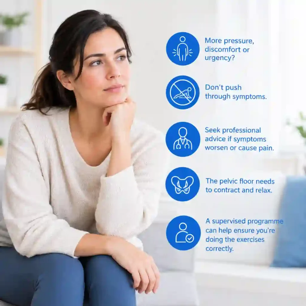 Pelvic-floor exercises Sunderland involve controlled contraction and relaxation. Persistent pressure, discomfort or urinary urgency may warrant professional assessment.